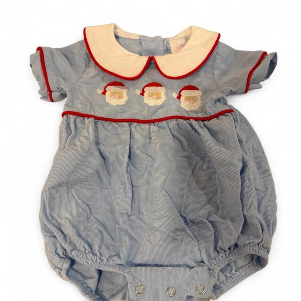 Stitchy Fish Baby Boy Blue Corduroy Santa Christmas Bubble Romper 6M